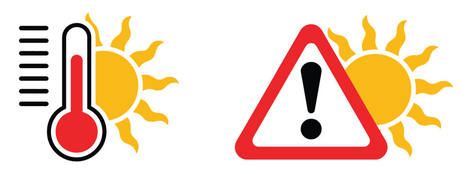 Summer heat warning icon set, caution symbols featuring high temperature signboards, thermometer alerts and extreme hot weather graphics, clean vector illustration