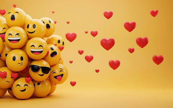 A large cluster of various yellow emoji faces with floating red hearts on a gold background