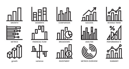Obraz premium A comprehensive collection of fifteen thin line style business chart and graph icons representing financial data analysis statistics and corporate performance metrics
