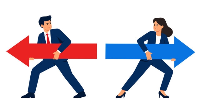 Businessman and businesswoman pulling oversized red and blue arrows in opposite directions, bold flat vector illustration symbolizing disagreement, conflict, rivalry, negotiation, and divided strategy