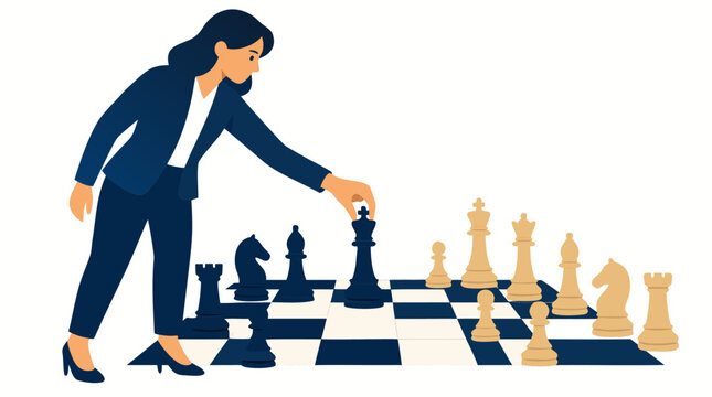 Strategic businesswoman moving a chess piece across a chessboard, symbolizing leadership, planning, decision making, tactics, competition, calculated risk, corporate strategy, and intelligent
