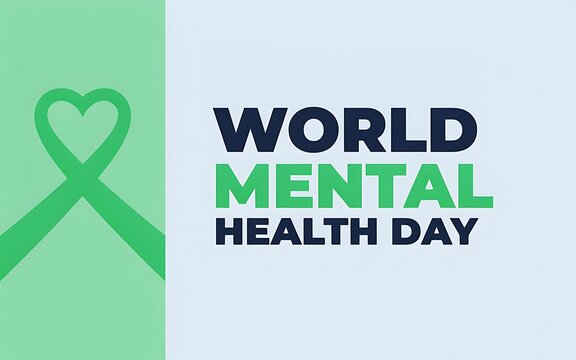World mental health day awareness graphic with a green heart ribbon on a light background