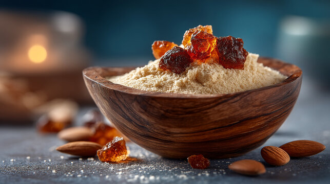 Wooden bowl filled with almond flour and dark brown sugar crystals, ingredients