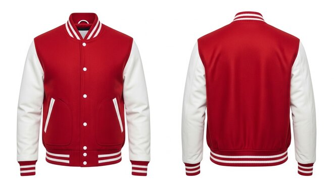 Red and white varsity jacket isolated on white background front and back view of a classic college style bomber jacket apparel