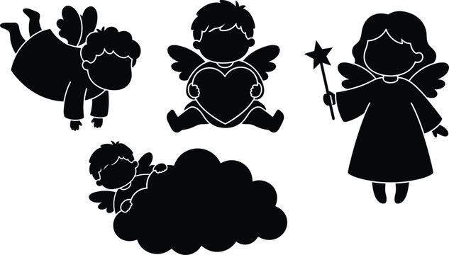 Angel silhouettes with hearts and clouds black vector graphics on white background