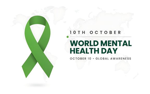 World mental health day awareness concept with a green ribbon on a white background