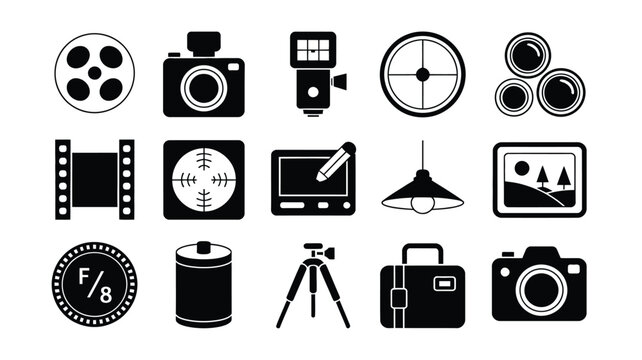Black and white vector set of photography and filmmaking icons featuring cameras, film reels, lenses, and equipment