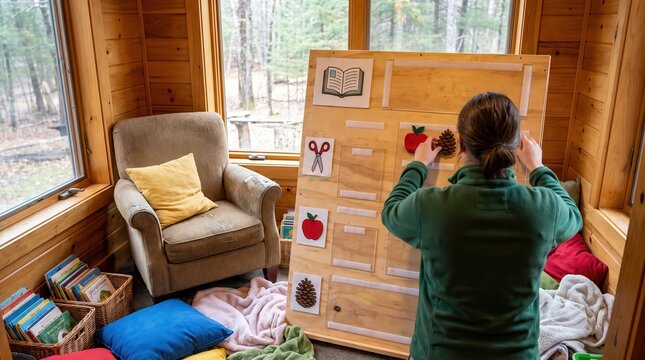 Childcare Educator Arranging Autumn Learning Activity Board