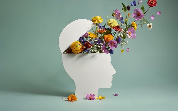 Conceptual human head sculpture with colorful blooming flowers exploding from the open mind on green background