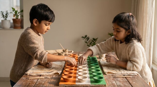 Children arranging traditional clay lamps in tricolor for India's Independence Day celebration