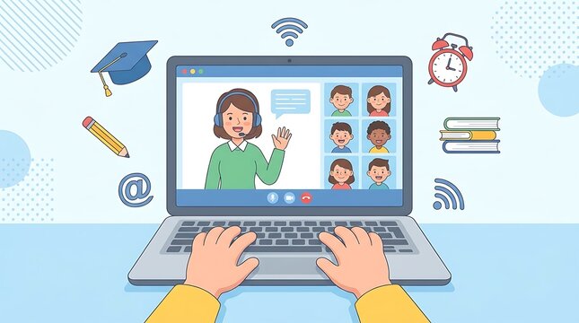 Online learning hybrid schooling concept with laptop video conference screen vector