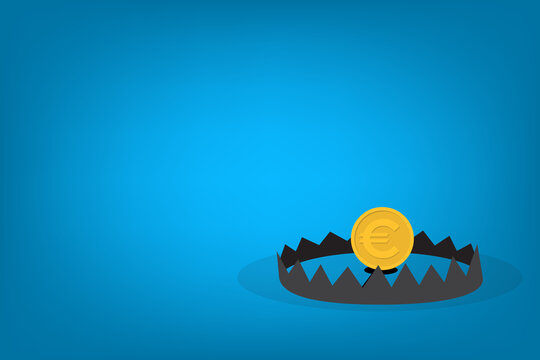 European Currency Risk Concept with Euro Coin Caught in Steel Bear Trap	