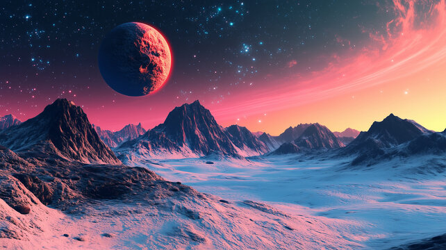 Sci-fi landscape of an alien planet with snow-covered rocky mountains. A dark planet with a glowing red crescent hangs over pink and orange nebula clouds in a starry sky. Digital concept art.
