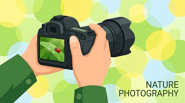 SEO Title: Photographer's hands holding camera shooting macro photography concept vector illustration