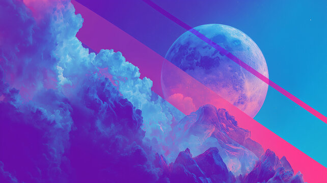Surreal synthwave landscape with a full moon, rocky mountains, and fluffy clouds. Vaporwave aesthetic collage art in neon pink, purple, and blue gradient colors with geometric diagonal lines.
