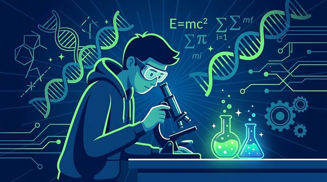 STEM education concept vector illustration with male student using microscope in laboratory
