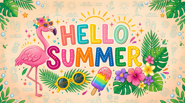 Hello summer greeting card with pink flamingo and tropical plants