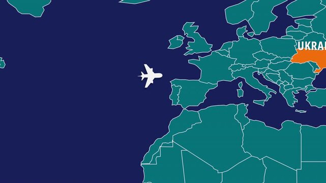 Flight Map Animation Showing Airplane Route Travelling From USA to Ukraine. Perfect visual for video editors, content creators, and marketing agencies needing high-end geographical transitions.