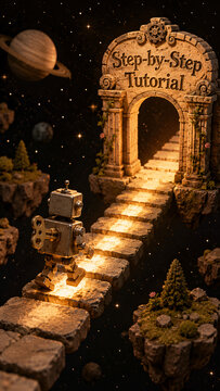 Vertical view of toy robot climbing glowing floating steps to "Step-by-Step Tutorial" space portal