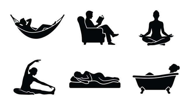 Relaxation Icons Set: Hammock, Reading, Yoga, Stretching, Sleeping, Bathing, Silhouette Vector Graphics