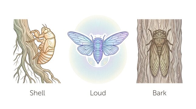 Clean minimal vector line-art infographic icon set featuring a cicada nymph shell left behind on an intricate tree root, an adult cicada with vibrating tymbals emitting dense sound waves, and ...