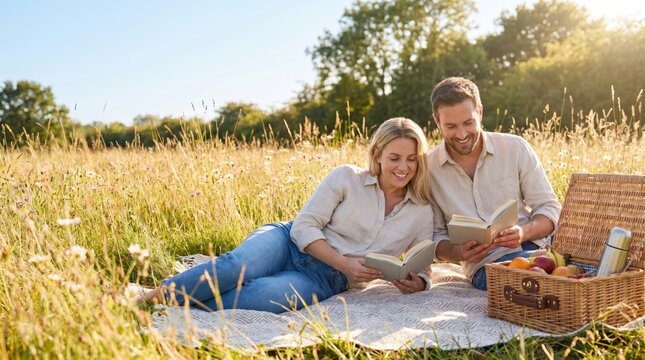 Couple Reading Books Outdoors During Summer Bank Holiday