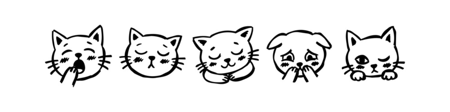 Set of cute hand-drawn cat and dog emoji faces with various expressions. Minimalist black line art doodles on white background featuring yawning, sleeping, smiling, crying and winking characters.