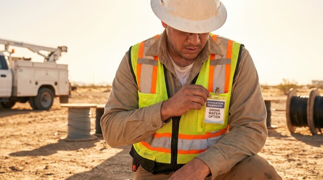 Outdoor Worker Emphasizing Heatwave Safety and Hydration