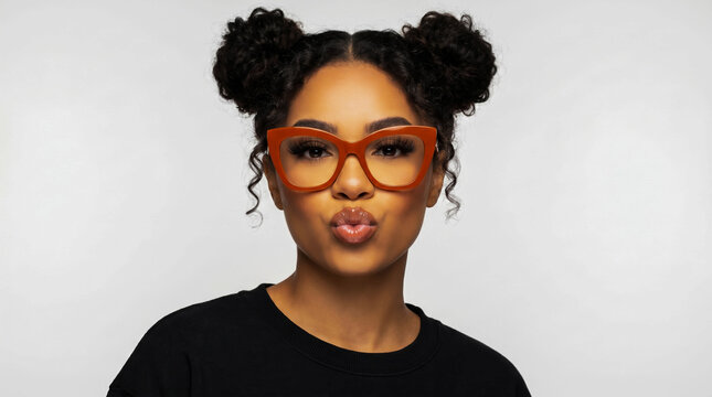 Soft key lighting highlights glossy lips and acetate frames, while subtle highlights reflect off the large lenses against a seamless studio background.