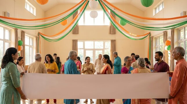 People Gathering Indoors for India's Independence Day Celebration with Festive Tricolor Decorations