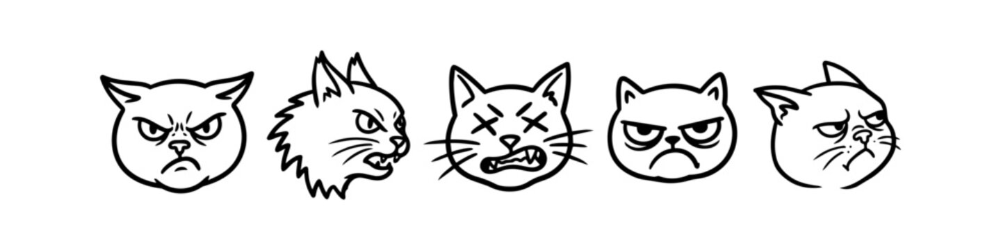 Set of five hand-drawn grumpy cat faces in black and white line art. Collection of angry and disgruntled feline expressions, perfect for stickers, emojis, and comic designs.