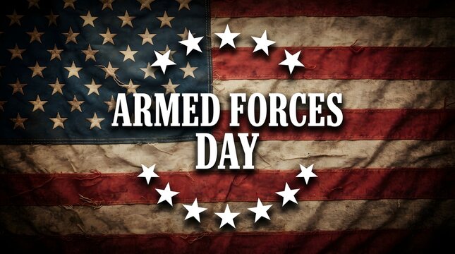 Armed forces day text overlay on a vintage distressed american flag background for patriotic holiday celebration