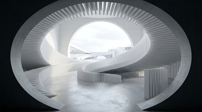Abstract futuristic architecture with circular portal and curved vertical slat walls in minimalist interior space architecture minimalist
