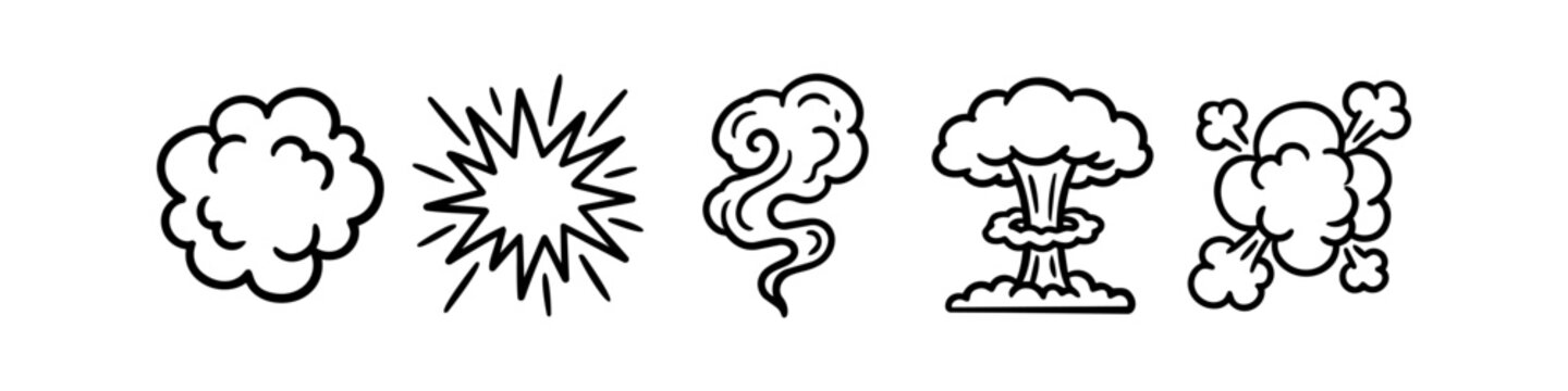 Collection of black and white comic-style explosion and smoke cloud icons. Features starbursts, mushroom clouds, and puff effects in a clean hand-drawn line art style.
