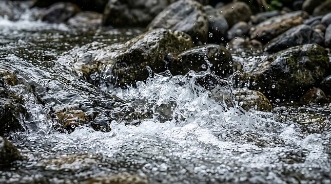 A close up view of crystal clear water flowing over dark grey river rocks in a mountain stream during a bright sunny day