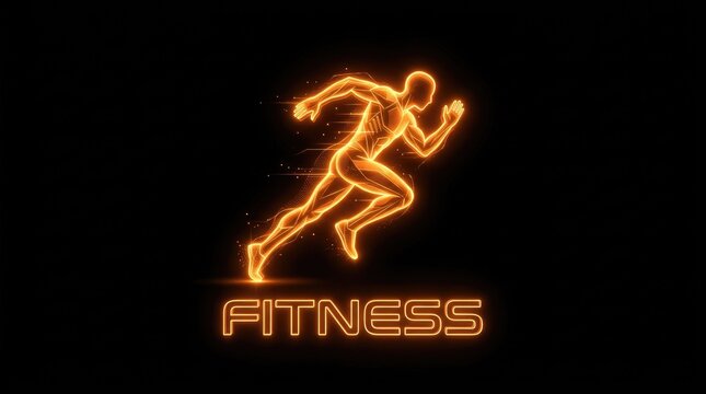 Glowing Digital Runner Fitness Concept Logo. Abstract Tech Athlete in Motion on Black Background.