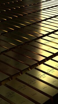 Gold ingots and light motion - 3d 4k vertical animation (2160 x 3840px)
