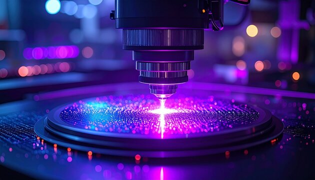 EUV Lithography Machine Etching Silicon Wafer with Glowing Purple Laser Beam in Semiconductor Fab