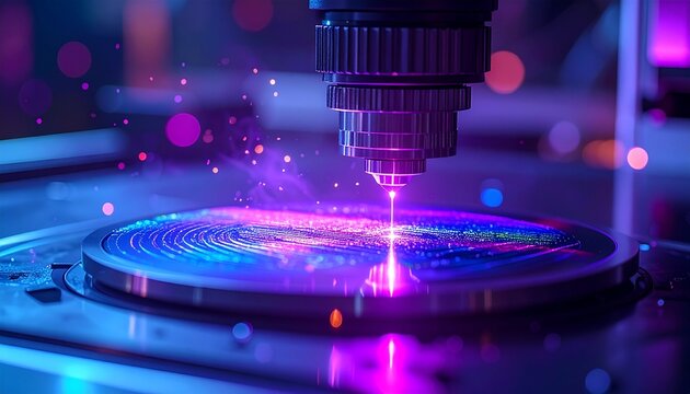 EUV Lithography Machine Etching Silicon Wafer with Glowing Purple Laser Beam in Semiconductor Fab