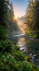 Fototapeta premium Golden sunrise over tranquil river flowing through lush evergreen forest with misty light rays hitting clear water and blooming wildflowers in morning mountain wilderness landscape scenic view
