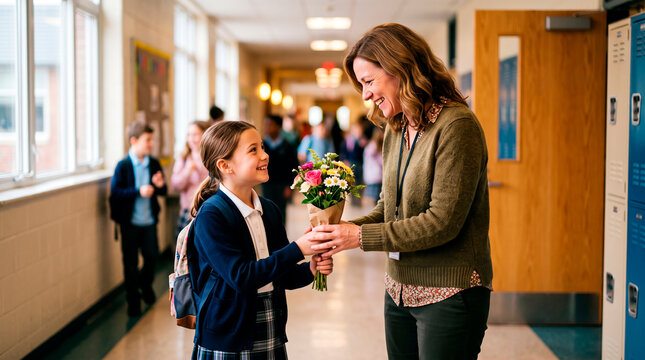 Student gives teacher a bouquet of flowers in school hallway