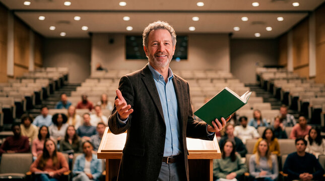 Professor teaching students in a lecture hall holding a book