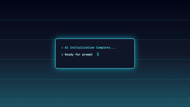 Ai initialization complete terminal screen interface with blinking cursor for technology and software development concepts animation 4k