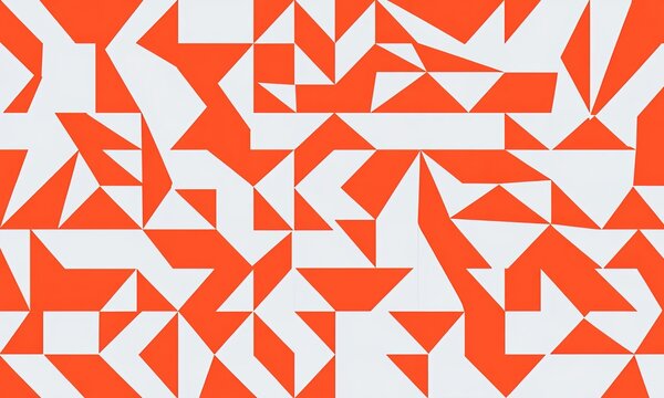 Geometric pattern consisting of repeating orange and white triangles and irregular polygon shapes, creating a bold, modern, and high-contrast tiled mosaic that covers the entire flat surface area