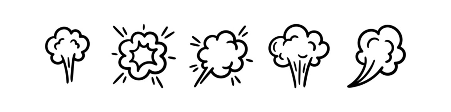 Set of hand-drawn comic smoke clouds and steam puffs. Minimalist black line art doodle elements isolated on white background for pop art and motion graphics.