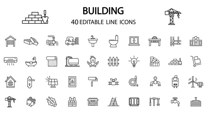 Building Construction Editable Line Icons Set. Home Renovation, Construction Tools, Plumbing, Electrical, HVAC, Architecture, Engineering and Building Materials Outline Symbols