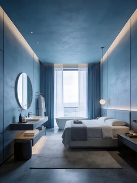 English: Blue Luxury SPA Homestay Guest Room Real Shot Set Modern Minimalist Wellness Massage Room Interior Photography E-commerce Hotel Promotion Background Material
