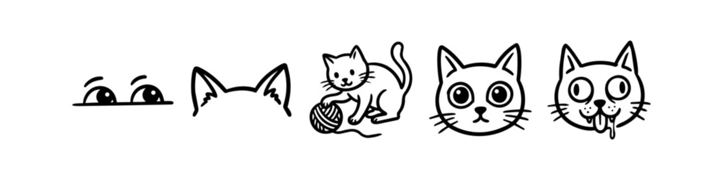 Minimalist black line art set of cute cat illustrations including peeking eyes, ears, yarn play, and funny facial expressions.