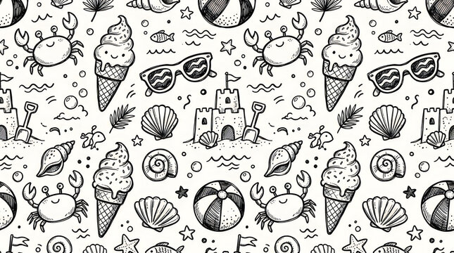 Seamless summer beach doodle pattern with ice cream and crabs