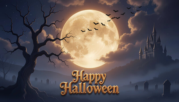 Happy halloween greeting with full moon and spooky tree